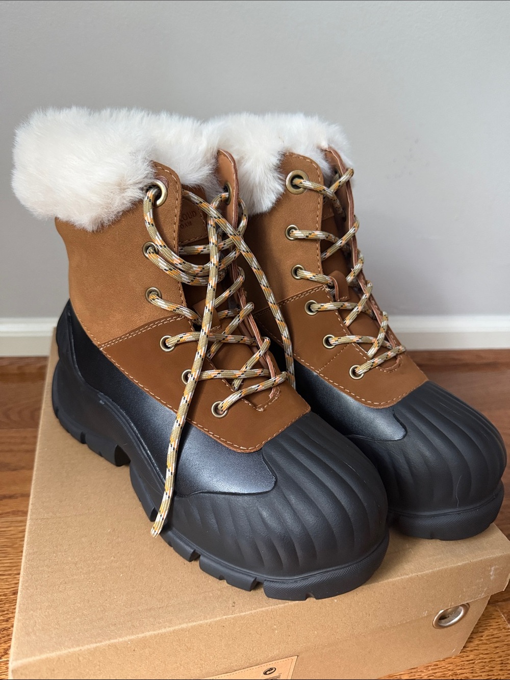 Project Cloud Lydia A Faux Fur-Trim Tan and Black Winter Duck Boots